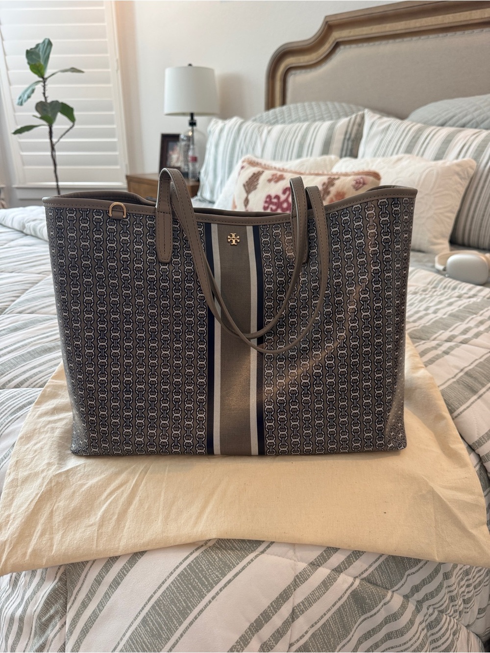 Tory Burch Link Gemini Navy Taupe Logo Stripe Canvas Tote